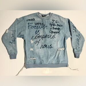 Zara Light Blue Graphic Crewneck Sweatshirt